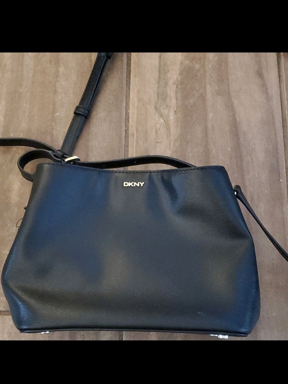 DKNY Black Leather Crossbody Shoulder Bag with Gold Logo